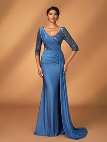 Serin 优雅奢华刺绣亮片蕾丝贴花设计拼布弹力针织泳衣，带美人鱼尾巴可拆卸侧荷叶边，适合婚礼、派对、度假、庆典、新娘和母亲的晚礼服 - 藍色 - 查看 7