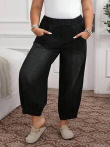 EMERY ROSE Plus Size Casual Fashion Everyday Washed Elastic Waist Jeans Casual Street Patchwork Pocket Loose Wide Leg Jeans Women Jeans Baggy Loose Jeans Barrel Leg/Barrel-Leg Jeans - Black - View 4