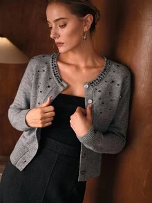 MOTF PREMIUM 羊毛水钻细节开衫 - 灰色 - 查看 8