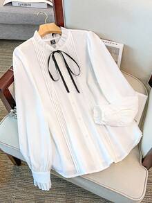 GlowEve CURVE Plus Size Women Long Sleeve Small Stand Collar Striped Casual Solid Color Ruffle Cuff Fashion Shirt, Suitable For Daily Commute Fall Cloth For Women - White - View 6