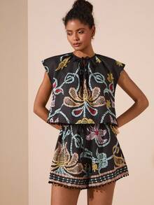 Travachic 女式 V 领流苏下摆衬衫和宽松流苏下摆印花短裤波西米亚风格海滩 2 件套 - 彩色 - 查看 5