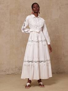 SHEIN Privé 女士撞色蕾丝领长裙 - 白色 - 查看 12