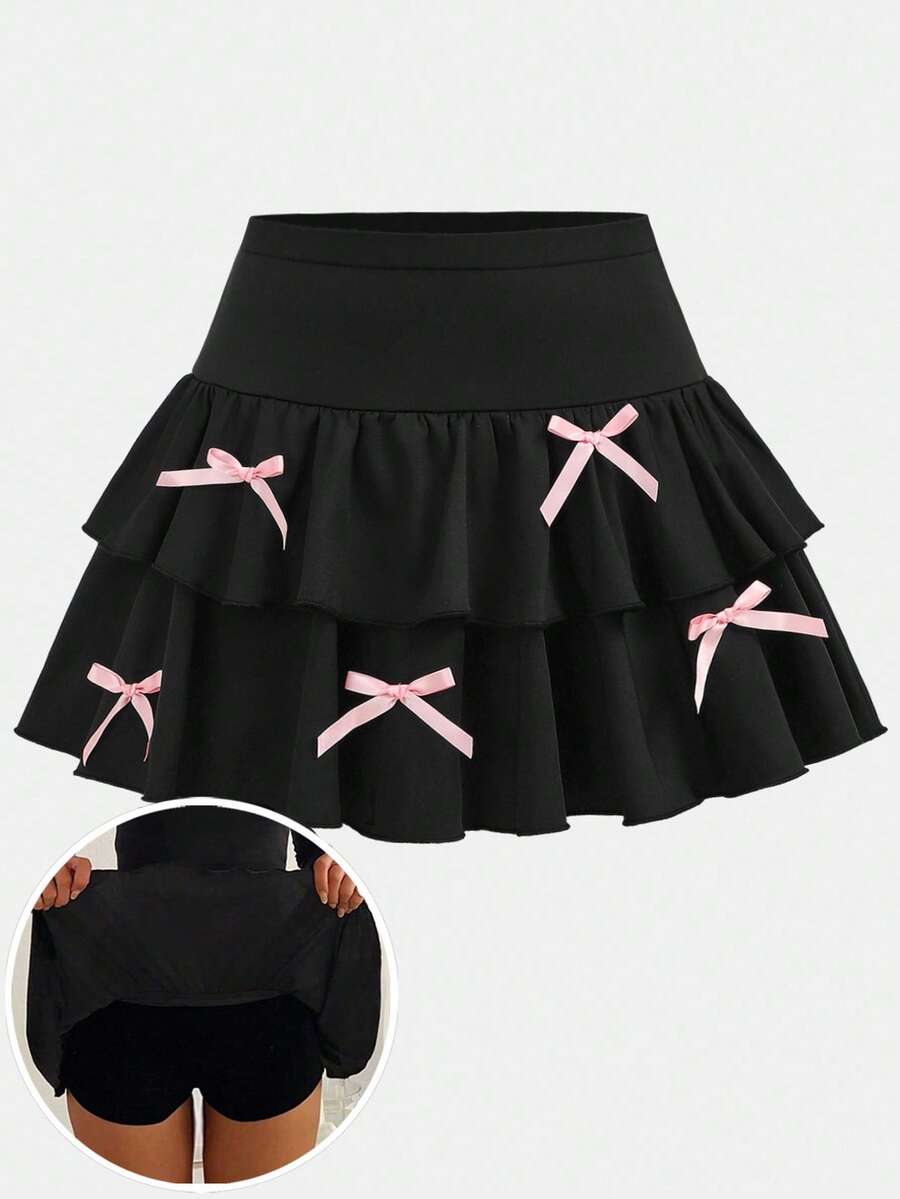 SHEIN Girlism 少女休闲装、运动装、校园装、返校装、黑色多层荷叶边下摆短裙、蝴蝶结装饰、甜美清凉、黑粉色、春夏装、酷炫、基本款、日常、百搭、夏季运动时尚、返校季、校服 - 黑色 - 查看 1