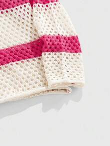 ROMWE MEN Prep Herren gestreifter Pullover mit Hohlmuster, langer Arm, Lässig, Herbst Winter - Heißes Pink - Übersicht 4