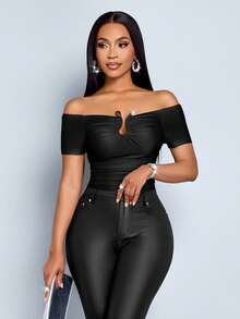 SOLERSUN 女式纯色露肩短袖修身褶皱T恤 - 黑色 - 查看 3