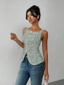 Gloray Áo cánh không tay cài nút ngọc trai thanh lịch dành cho nữ - màu xanh lá - Xem 5