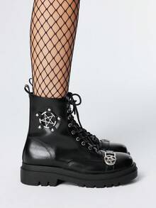 Grunge Punk Giày bốt Punk mũi tròn bằng da PU màu đen phong cách Gothic, trang trí khóa cài, thích hợp cho tiệc tùng, mặc hàng ngày và phong cách đại học - màu đen - Xem 4