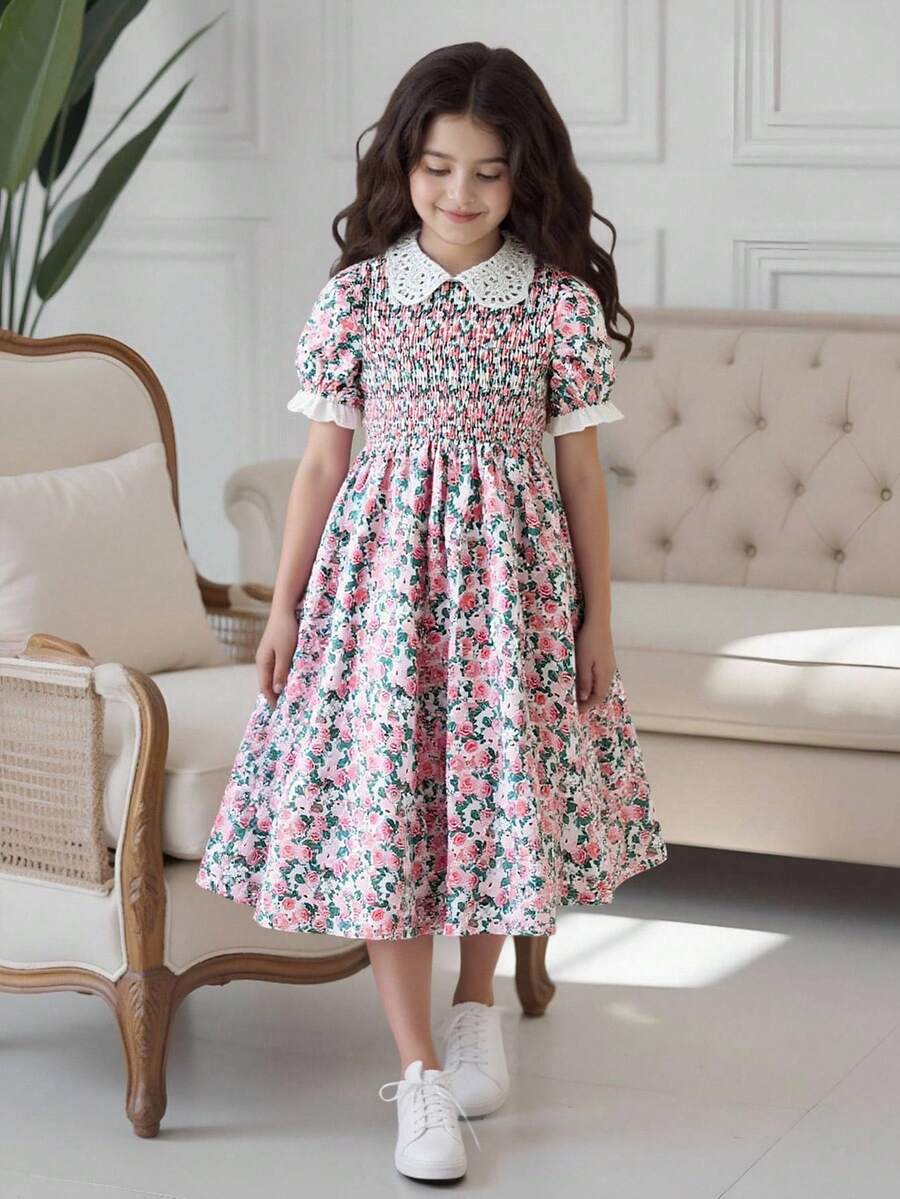 Tween Girl Ditsy Floral Print Puff Sleeve Peter Pan Collar Princess Style Dress