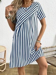 Boho Mama Maternity Women's Round Neck Short Sleeve Striped Dress
