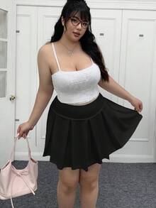 SHEIN EZwear 大码纯色休闲百褶迷你裙 - 黑色 - 查看 12