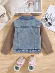 Young Girls Denim Jackets & Coats, Autumn/Winter New Thickened Denim Patchwork Knitted Sleeve Design + Casual Loose Fit Washed Denim Blue Jacket + Fashionable Street Style, Suitable For Spring, Autumn And Winter, Outdoor, Party, Holiday New Arrivals Fall - Medium Wash - View 2