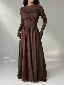 SHEIN PETITE 女式纯色修身长袖连衣裙，韩版风格 - 棕色 - 查看 8