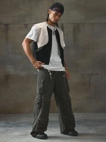 AXEPEAK 男士撞色拉链门襟宽松休闲背心，秋冬 - 黑與白 - 查看 3