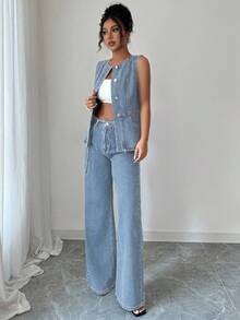 Selianne 女式休闲前扣腰牛仔上衣和牛仔裤套装，夏季 - 淺色水洗藍 - 查看 3