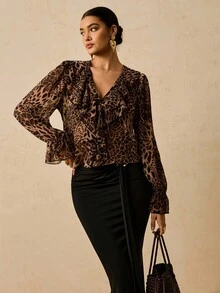 Travachic Plus Size Women Chiffon Floral Print Long Sleeve Blouse, Leopard Print Ruffle Hem Shirt,Fall Clothes For Women - Multicolor - View 5