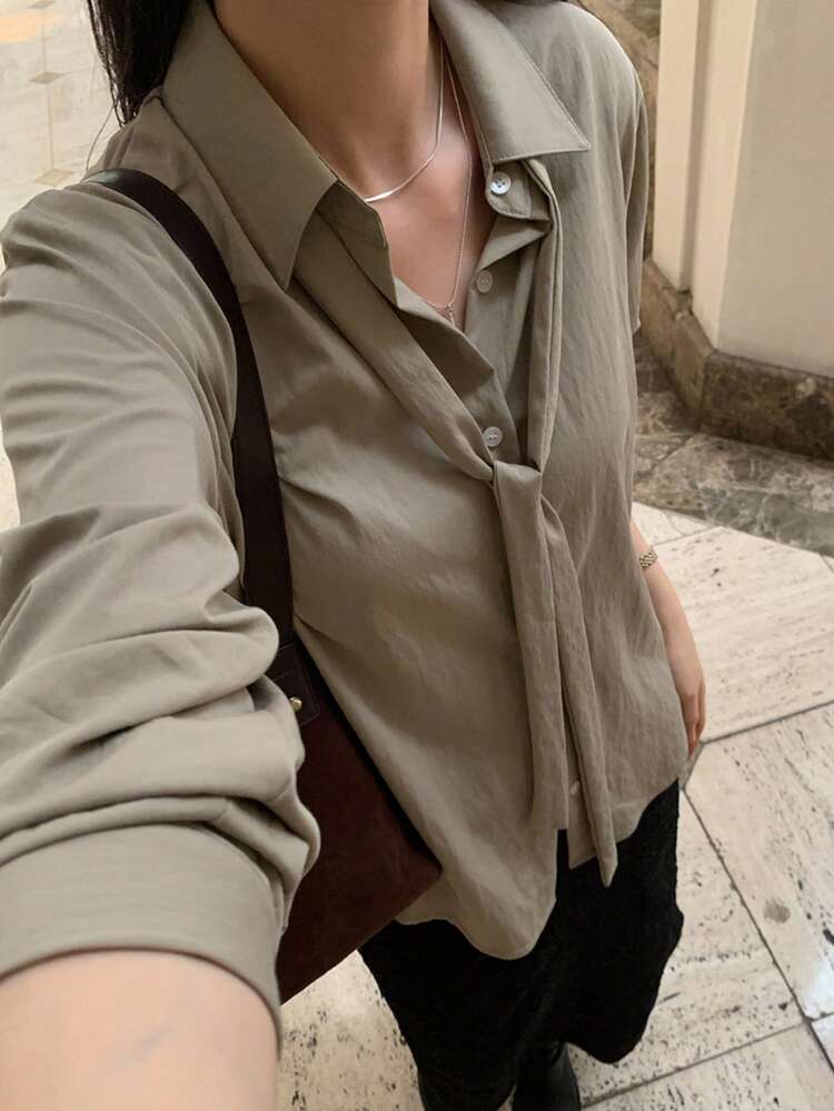 Stylish Collar Tie Shirt For Women, New Arrival, Thin Cardigan Shirt Long Sleeve Top