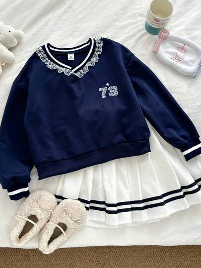 Genkimix Kids 2 件套春秋新款韩版时尚学院风女生装，荷叶边 V 领运动衫 + 百褶迷你裙