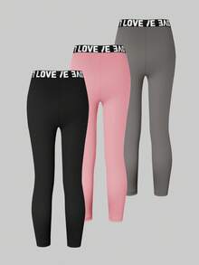 3 chiếc quần legging thể thao thoải mái, cạp chun in chữ, kiểu dáng thời trang cho bé gái, thích hợp cho mùa thu/đông. - Nhiều màu - Xem 2