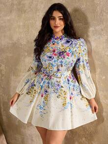 Roveilla 大码女式花卉印花立领灯笼袖优雅连衣裙 - 彩色 - 查看 3