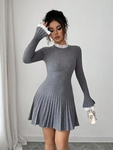 Elenzga Elegante abito-maglione da donna con maniche a sbuffo, vita stretta e linea ad A