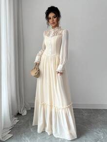 Elenzga Elegante abito romantico con collo alto in pizzo a contrasto, balze sul fondo e vita aderente, decorato con perle casuali - Albicocca - Visualizzare 4