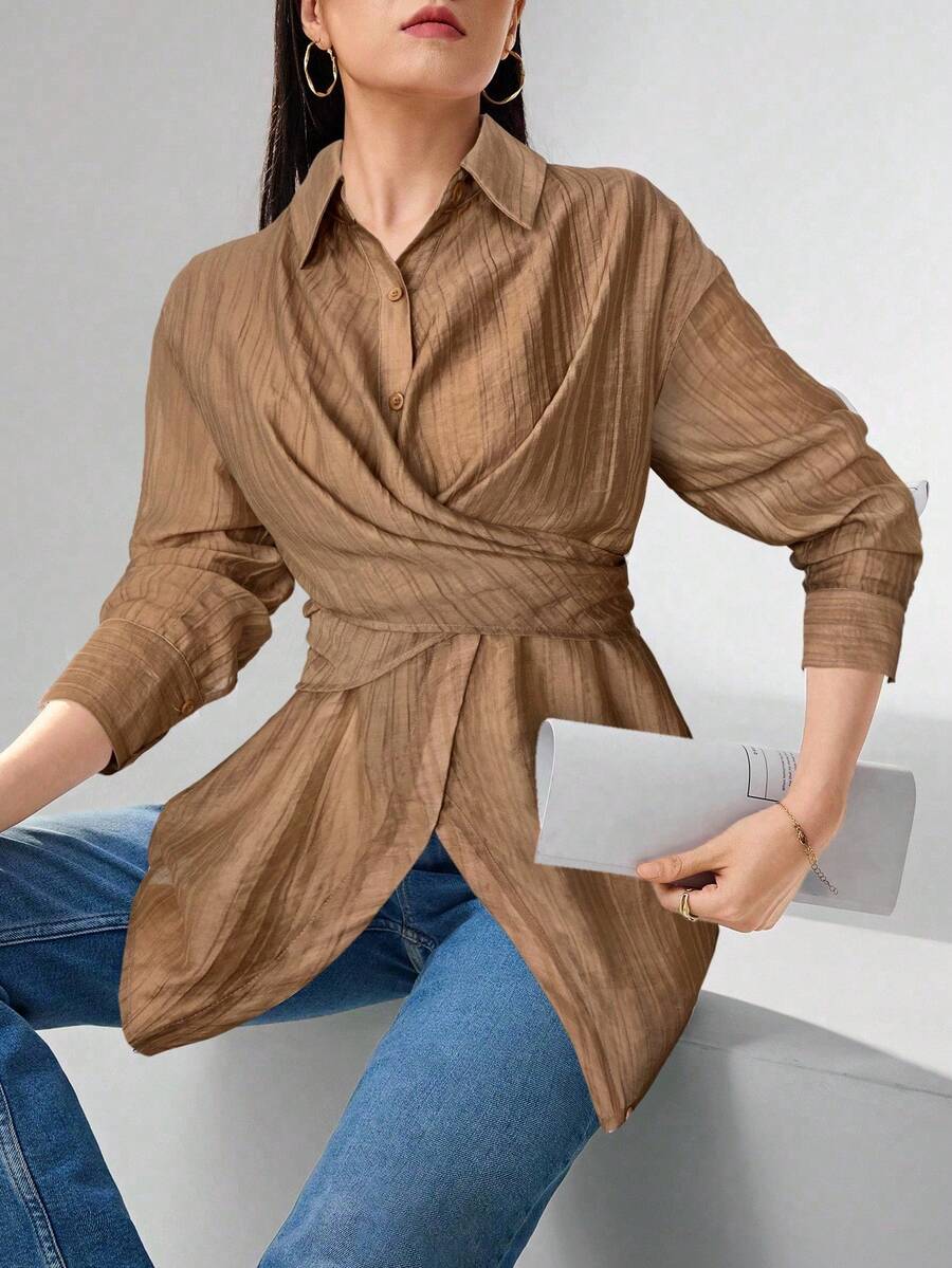 Heiryn 女式秋季褶饰不对称下摆校服衬衫 - 棕色 - 查看 1