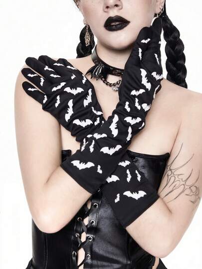 Grunge Punk 1 Pair Punk Style Bat Pattern Fingerless Gloves, Y2K Sexy High-Quality Long Gloves, Niche Design Fashion Elastic Gloves