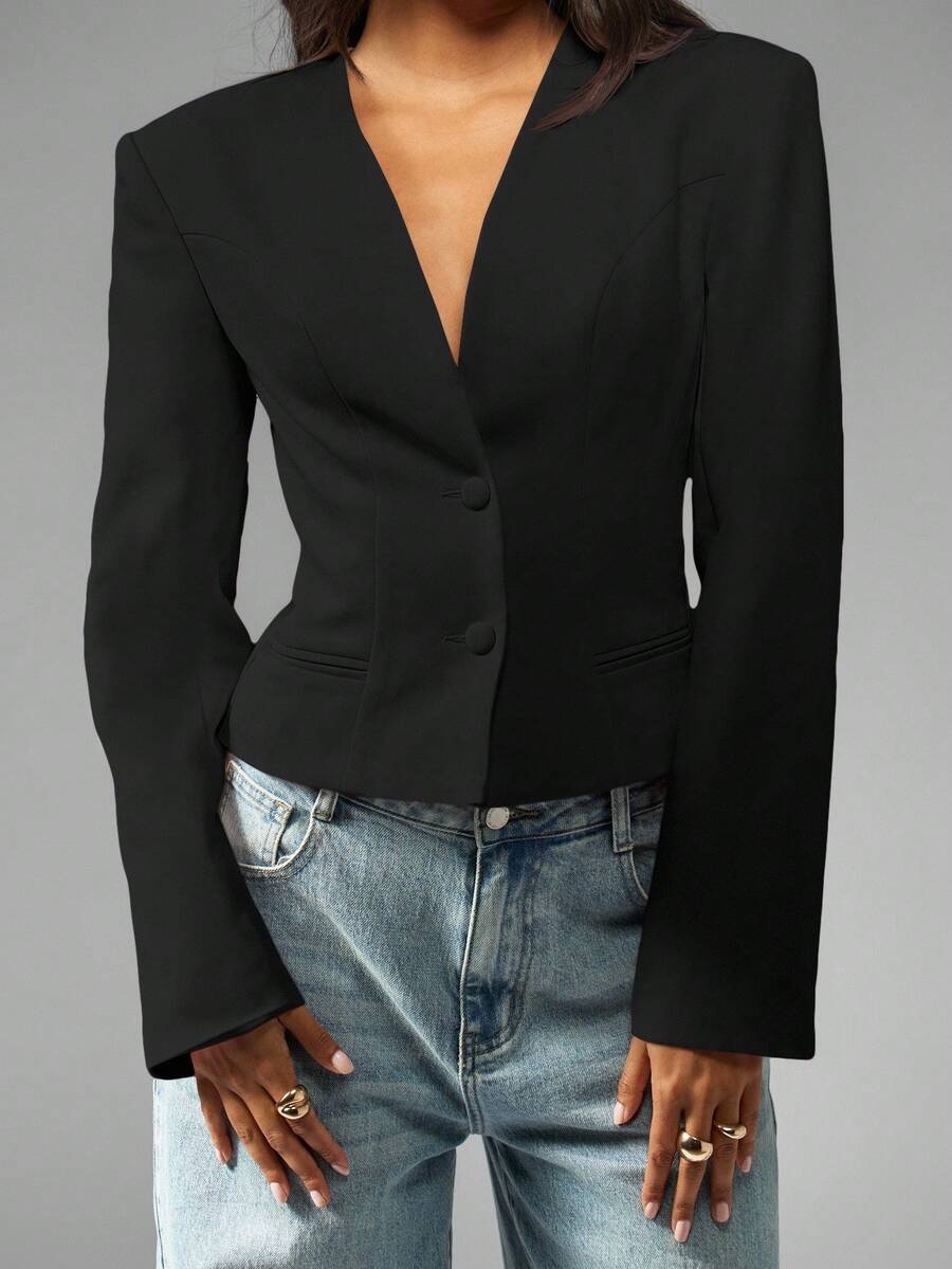 MISSGUIDED Elegant Professional Collarless Cropped Blazer Slim Fit Office Wear Business Casual Work Wear Winter Fall Jacket With Structured Shoulders Double Button Closure - Black - View 1
