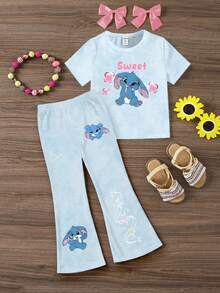 女童数码扎染休闲时尚创意卡通可爱蓝色兔子花朵造型情书标语图案印花休闲风基础款圆领短袖加大码蓝色扎染数码印花喇叭裤两件套 - 彩色 - 查看 2