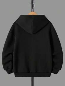 RueChic Tween Boy Letter Embroidery Kangaroo Pocket Hoodie - Black - View 2