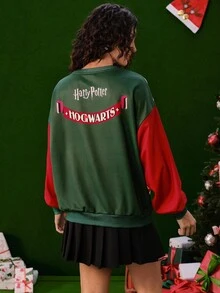 HARRY POTTER X SHEIN Women's Casual Christmas Geometric Print Color Block Dropped Shoulder Loose Pullover Sweatshirt - Multicolor - View 2