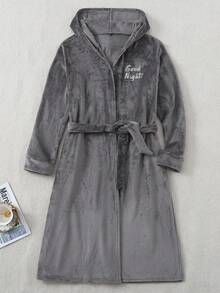 男士深灰色字母刺绣长袖连帽抓绒蓬松浴袍家居服，秋冬款，舒适保暖