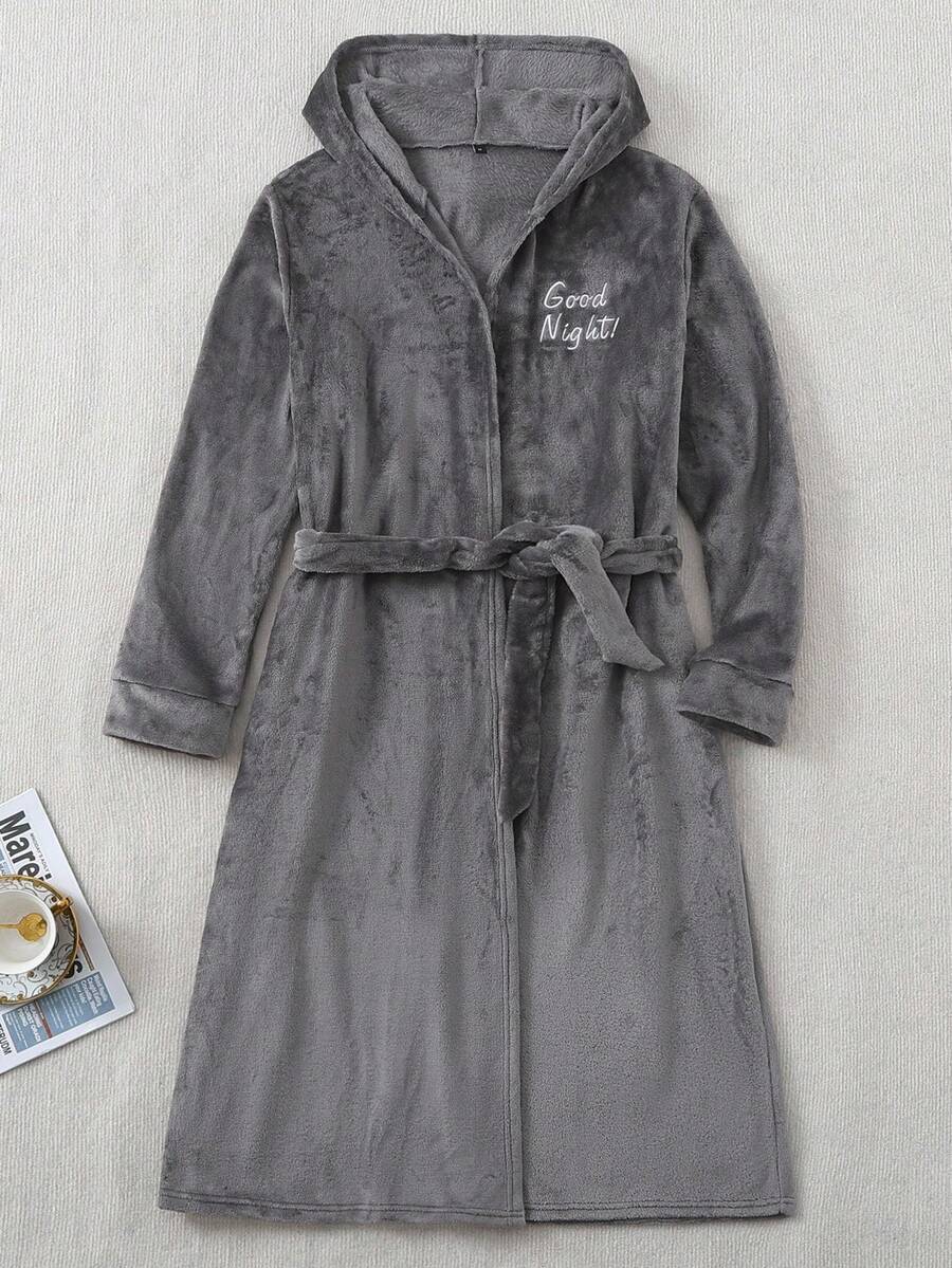 男士深灰色字母刺绣长袖连帽抓绒蓬松浴袍家居服，秋冬款，舒适保暖