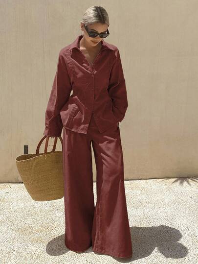 Livesso 女士夏季纯色褶皱衬衫和阔腿裤休闲套装