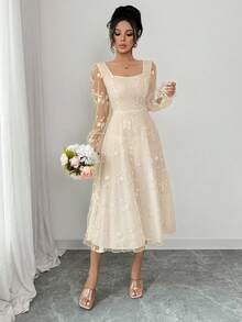 Rafferiza 优雅蕾丝提花连衣裙 - 杏色 - 查看 6