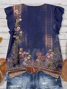 SHEIN LUNE 女士休闲复古碎花V领衬衫，适合秋夏季节，波西米亚风上衣，女士秋季服装，时尚休闲衬衫 - 藏蓝色 - 查看 2