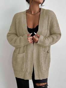 EMERY ROSE Áo khoác cardigan dáng rộng tay dài trễ vai màu trơn cho nữ, mùa thu - Màu be - Xem 5