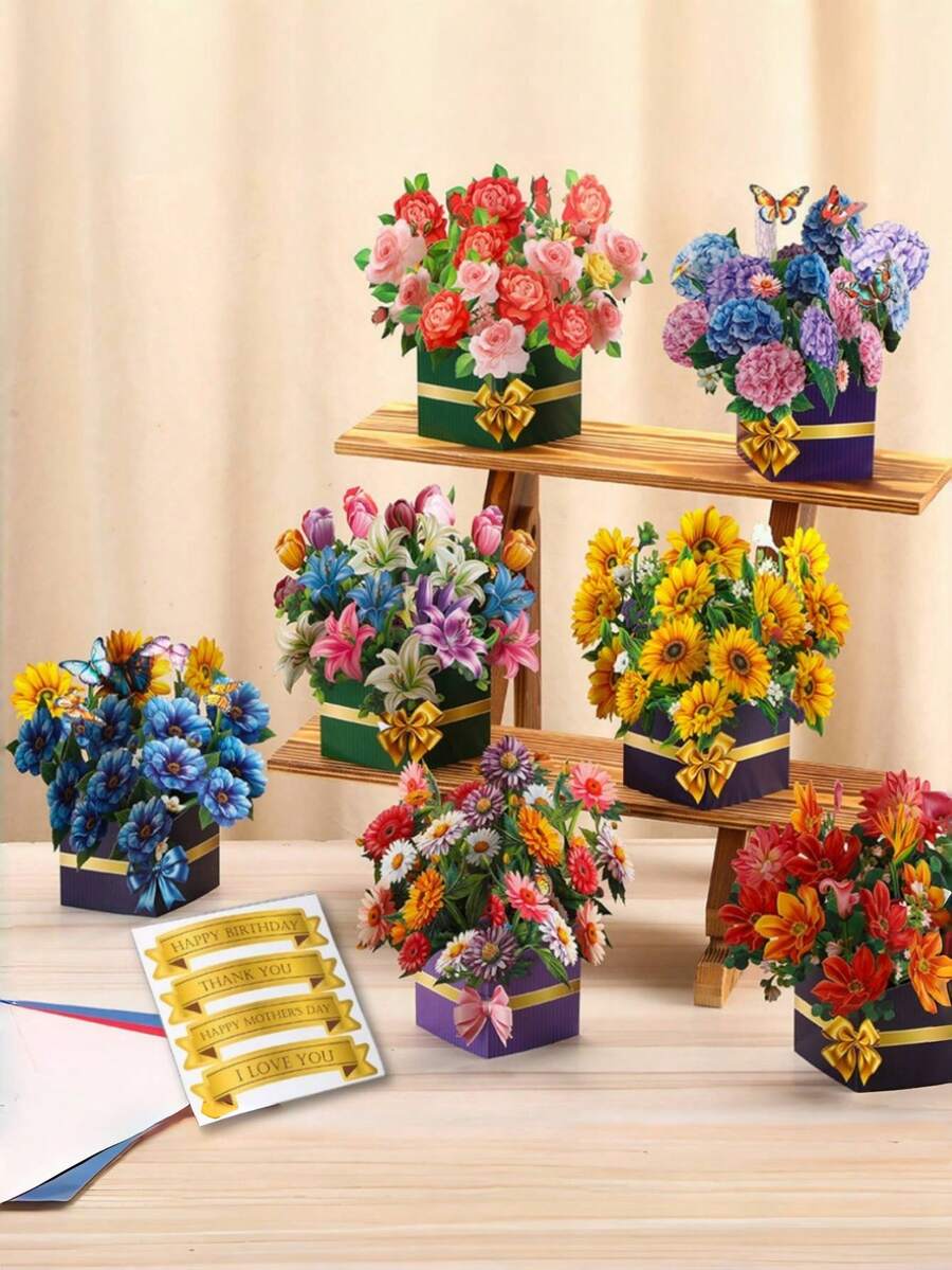 2Pcs/1set 3D Pop-Up Multi-Purpose Cards-Greeting Thank You Cards Birthday Cards With Laser-Cut Flowers,Back To School Essential,School Supplies For Teacher's Day,Handmade Textured Bouquet With Blank Note Card And Envelope For Birthday, Mothers Day, Wedding, Graduation, Anniversary,Thank You Gifts For Lovers Women Teachers Gifts- Summer Celebration - Multicolor - View 1