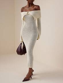 Vesra فستان كنزة صوفية طويل مناسب للربيع والخريف، ذو كتف مكشوف وقصة ضيقة، بلون أنيق