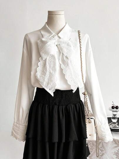 SHEIN Sweetra Young Teen Girl Casual Solid Color Tie Collar Blouse Fall Winter