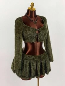 Amplova Plus Size Minimalist Solid Color Fluffy Cardigan And Mini Skirt Set - Army Green - View 8