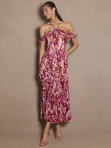 Enchnt Váy dây xếp nếp hoa lãng mạn thanh lịch dành cho nữ - Màu Hồng Tươi - Xem 7