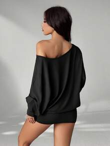 SHEIN PETITE Váy mini ôm sát tay dài hở vai gợi cảm, phong cách đường phố cho lễ hội âm nhạc, váy mùa hè cho nữ - màu đen - Xem 2