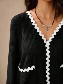 Wildy 2pcs Basic Casual Knit Loungewear Set,Women Black And White Scalloped Trim Pant Suits,Elegant Autumn Brunch Outfit,Comfortable Airport Two Piece Set - Black - View 8