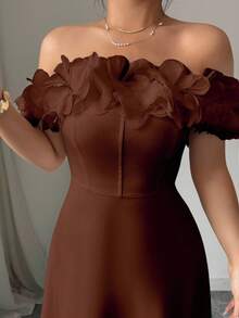 Elenzga 新款秋季优雅法式 3D 花卉露肩 A 字裙，适合宴会、返校、教师装、万圣节、感恩节 - 鏽棕色 - 查看 4