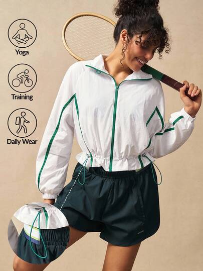 VARSIVA Women's Contrast Color Zipper Drawstring Long Sleeve Casual Sports Jacket For Women, Women Tennis Jacket Athletic Jacket