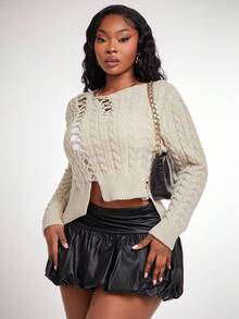 Radiana Plus Size Women Hollow-Out Hem Asymmetric Hem Pullover Sweater, Warm & Comfortable, Suitable For Office, Autumn/Winter - Apricot - View 4