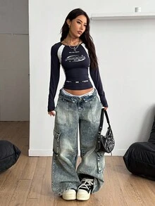 Coolane 女士冬季/秋季街头休闲比赛日返校休闲棉质撞色深蓝色圆领长袖 T 恤 - 彩色 - 查看 3