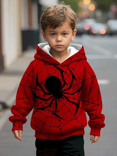 SHEIN Young Boy Casual Spider Patchwork Loose Comfortable Hooded Sweatshirt, Streetwear Style Sweatshirt Suitable For Autumn/Winter, Halloween Fall