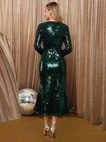 Amorya 女士优雅圆领高端修身鱼尾连衣裙，亮片闪亮连衣裙，适合派对、聚会及多种场合，万圣节服装，祖母绿亮片连衣裙，长袖亮片连衣裙，绿色闪亮连衣裙，优雅连衣裙，秋季婚礼宾客礼服，圣诞节礼服 - 綠色 - 查看 10